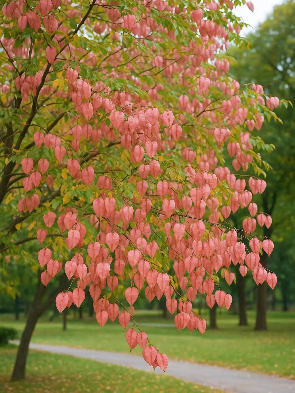 冬日生活打卡季这棵树的枝丫间挂满了心形的粉色果实，宛如一串串精致的小灯笼，在阳光