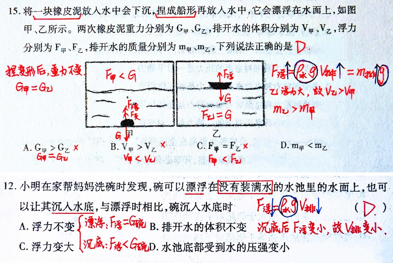 家有中考生，物理复习有难题？图中这两道浮力题，错误率可不小。很多同学不明白为什么