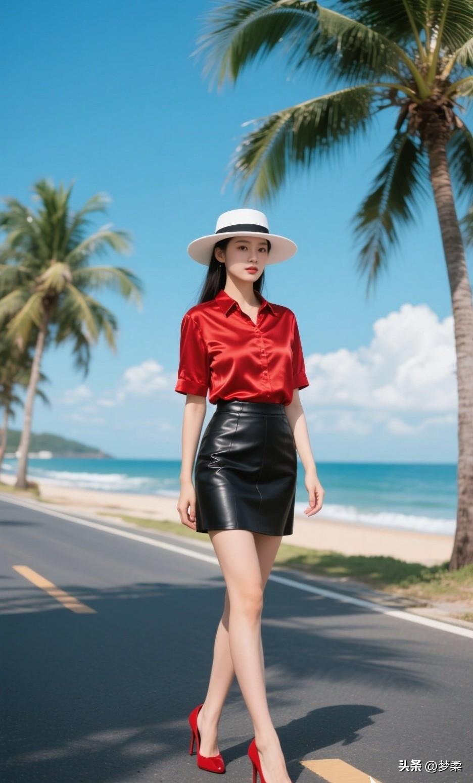 夏日海边穿搭指南：红衣黑裙，白帽红鞋，尽显时尚与优雅！🌞👗👒👠