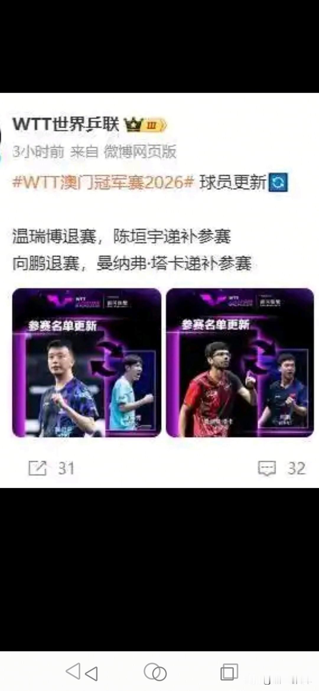 【突发！国乒向鹏、温瑞博突然退出澳门冠军赛，具体原因可能性剖析】8月28日，WT