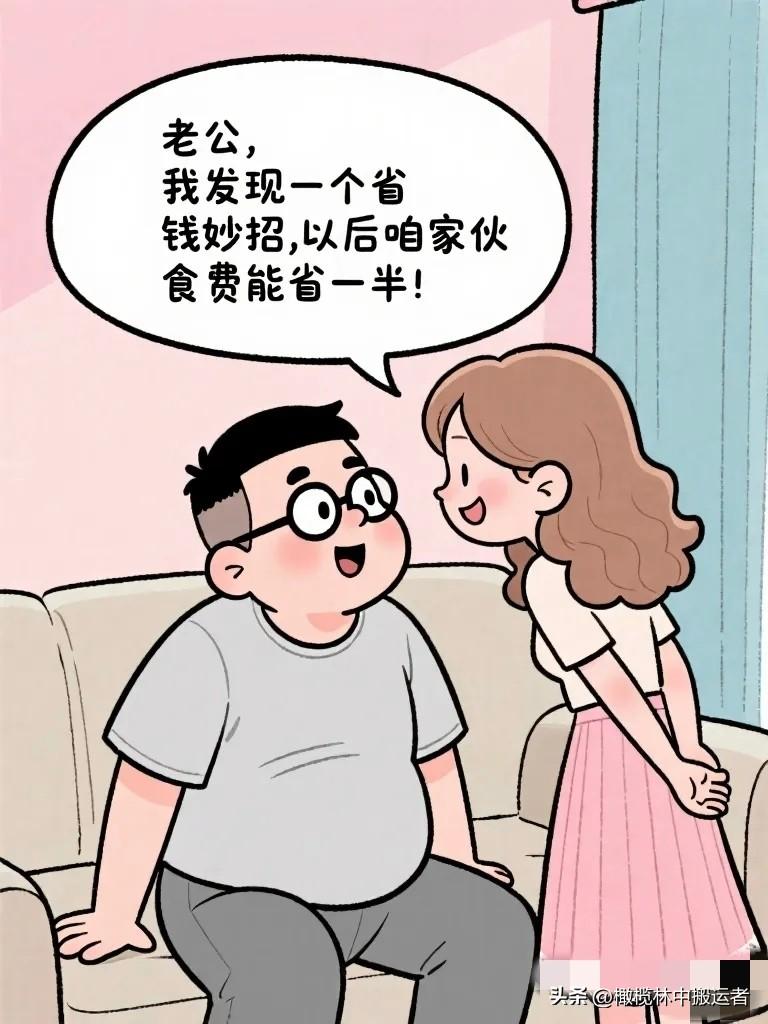 搞笑漫画：老婆神秘兮兮地说：“老公，我发现一个省钱妙招，以后咱家伙食费能省一半！