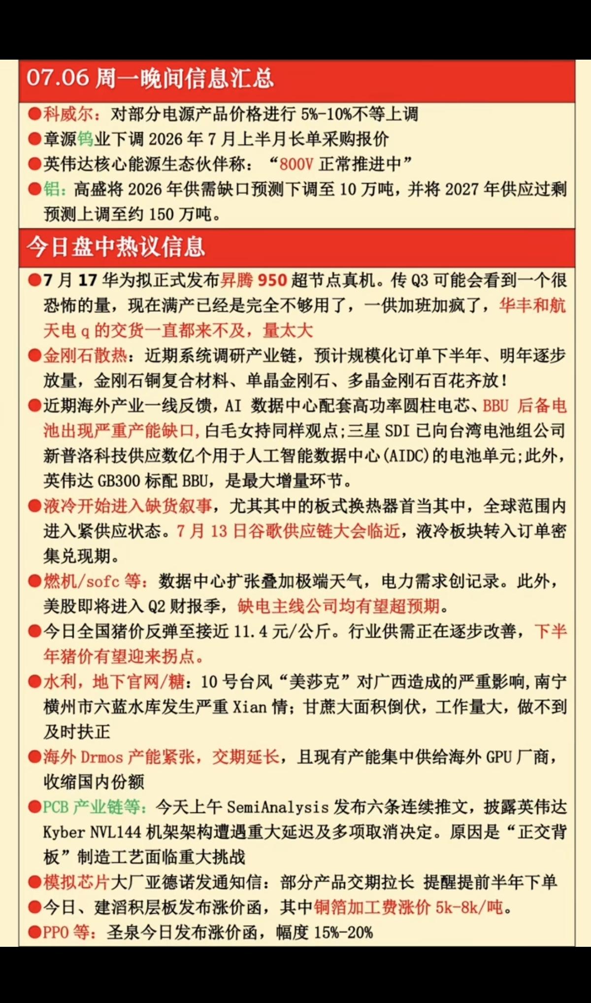 7.06周一  晚间：财经热点信息参考！

1.钨、铝：金属利空消息
2.升腾9