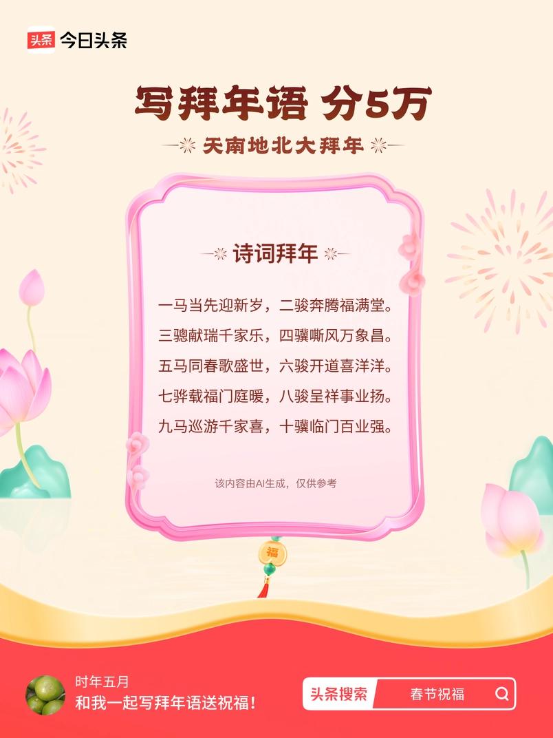 写拜年语送祝福新春拜年送祝福！我的祝福是：“一马当先迎新岁，二骏奔腾福满堂。三骢