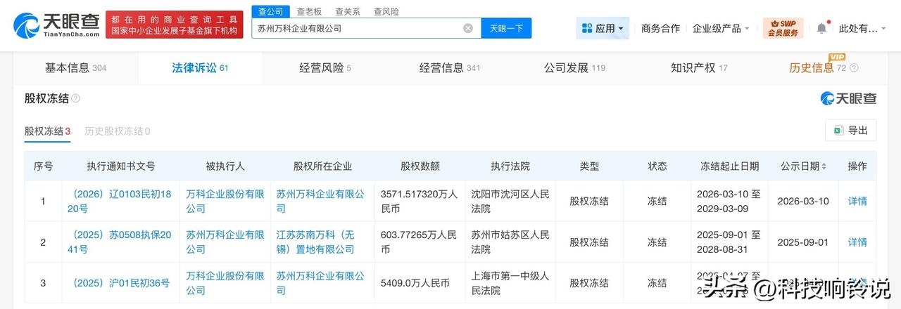 【万科被冻结3571万股权 万科所持3571万股权被冻结】
天眼查天眼风险信息显