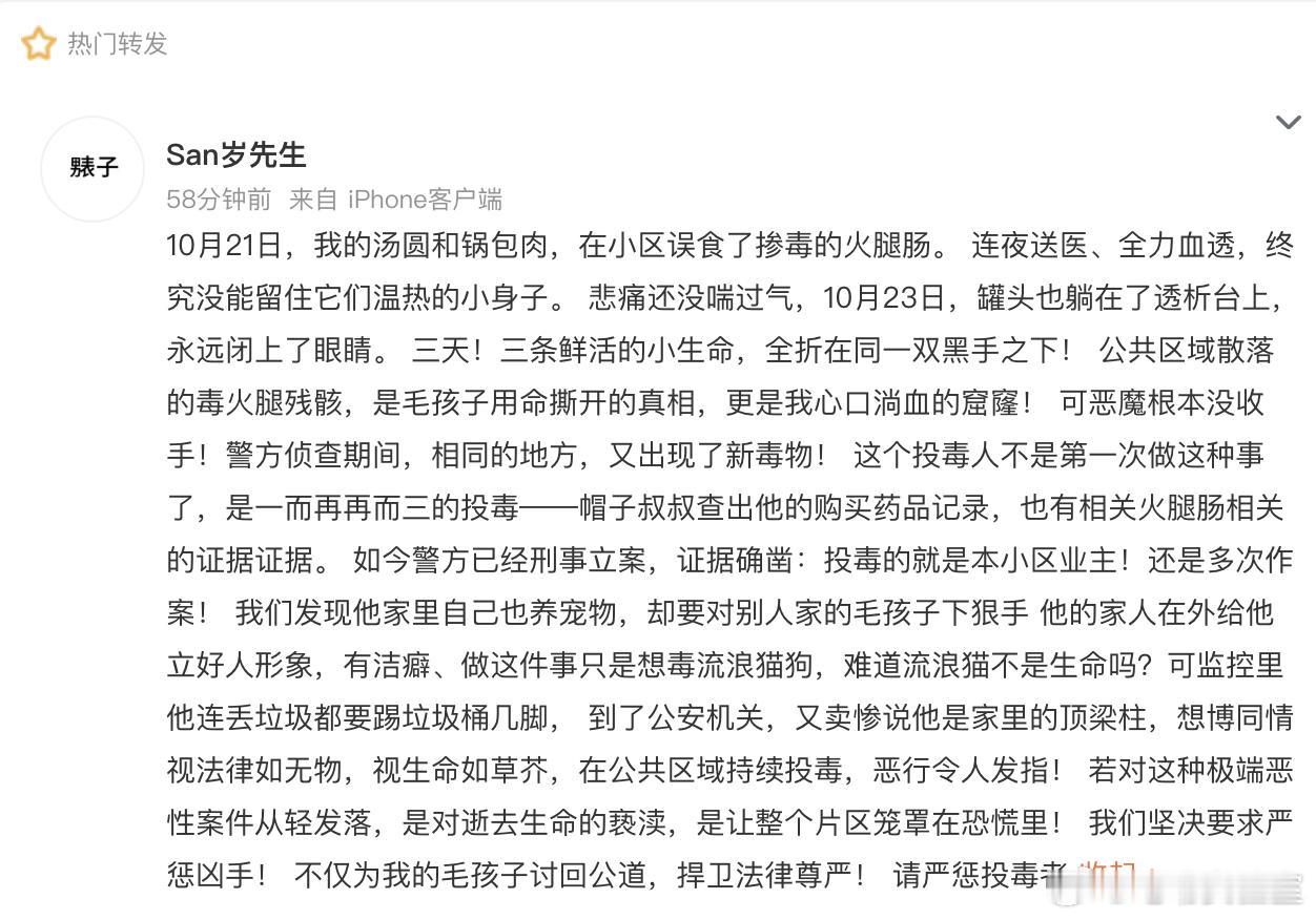 武汉3只宠物狗被毒死已立案侦查 又是针对宠物狗的投毒......昨天才有判刑的案
