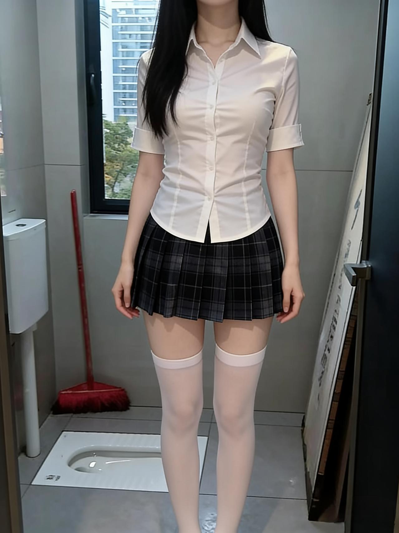 明窗光入照芳辰，少女镜前整袂新。
白衬轻裁凝雪色，青裙细叠蹙烟纹。
长发斜垂风欲