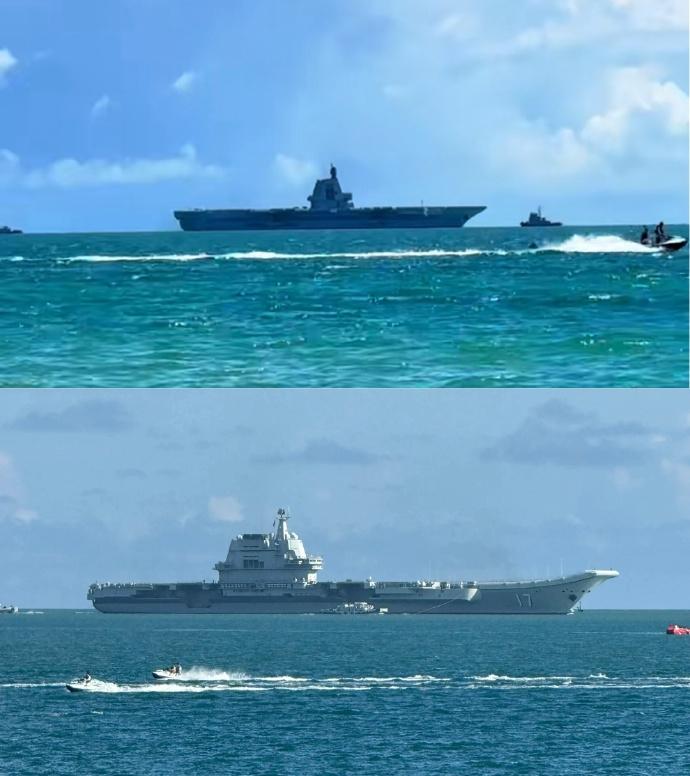 “福建”舰和“山东”舰一同离开三亚军港，港内主力军舰包括055和052D导弹驱逐