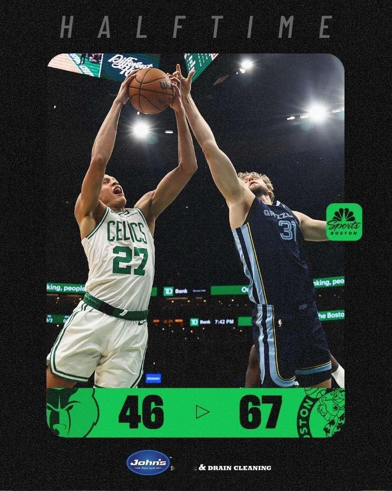 半场结束，凯尔特人领先优势来到20+，看得出来凯尔特人已经打得很松散了，奈何灰熊