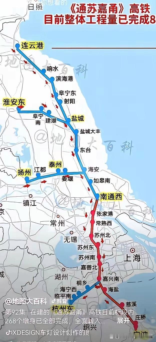 通苏嘉甬高铁，整体工程量已经完成 85%，全线 268 个墩身全部完工，进入冲刺