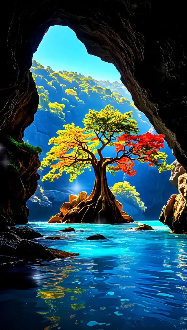 惊艳！梦幻般的山洞秘境，绚丽色彩的树海！🌳🌊✨创意风景图片。 油画般秋色太美