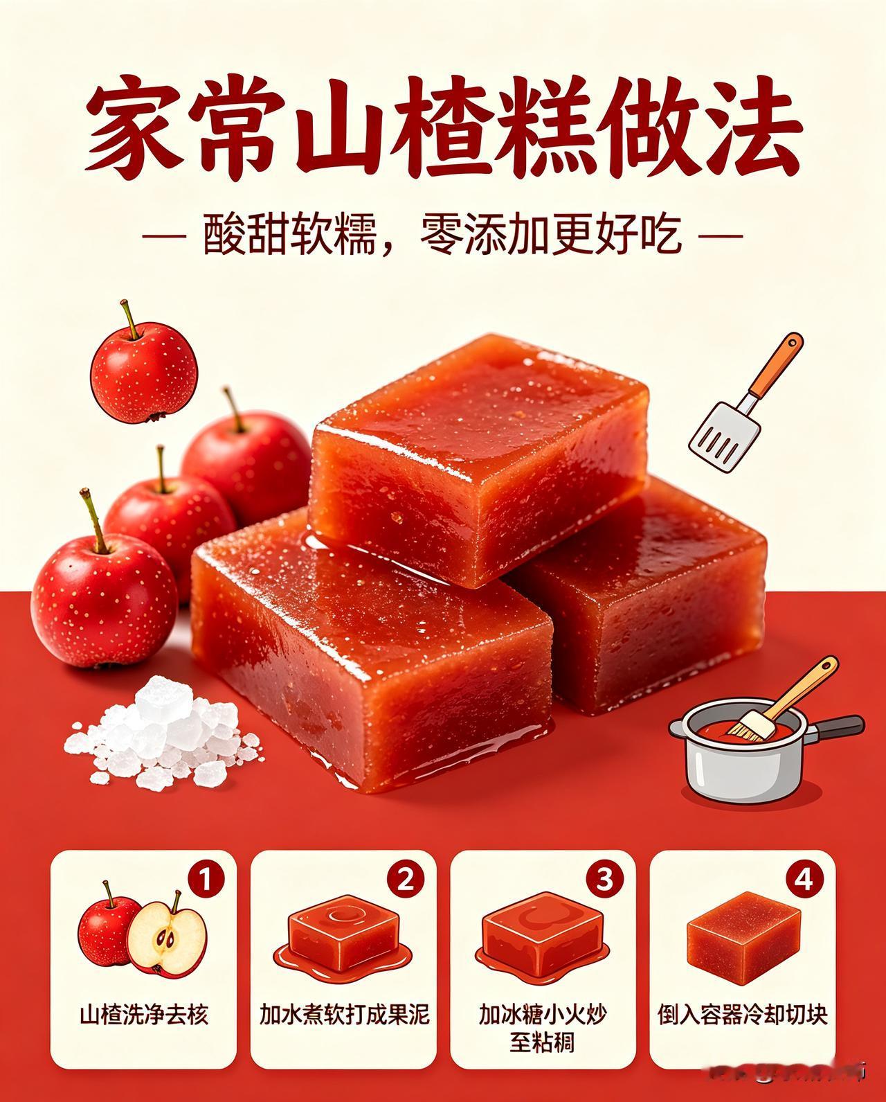 山楂洗净去核，加水煮软，放入破壁机打成细腻果泥。果泥倒入不粘锅，小火不停翻炒，根