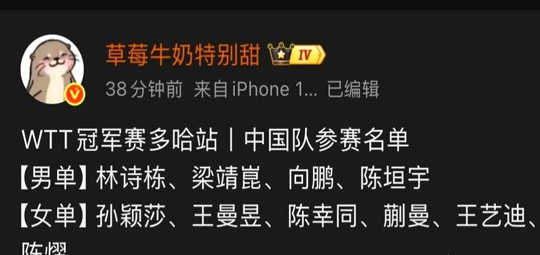 国乒开年大赛，世界第一王楚钦不见了。

2026年1月7号开打的多哈冠军赛，这可