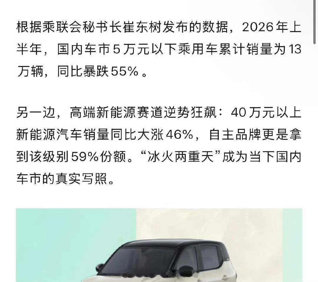 5万元以下小车销量暴跌55%40万以上新能源大涨46%我感觉就是经济环境不好，中