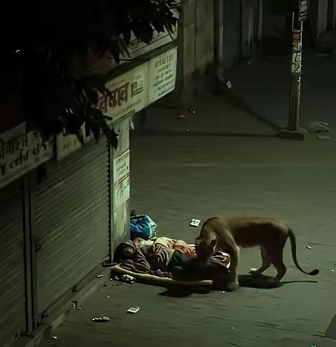 印度媒体报道称：一头狮子在夜晚走到一名睡在街上的印度男子身边，狮子闻了闻他身上的