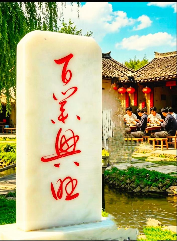 不用提示，一眼认出四字的都是书法爱好者

水乡古村落里这块汉白玉石碑，四字红草书