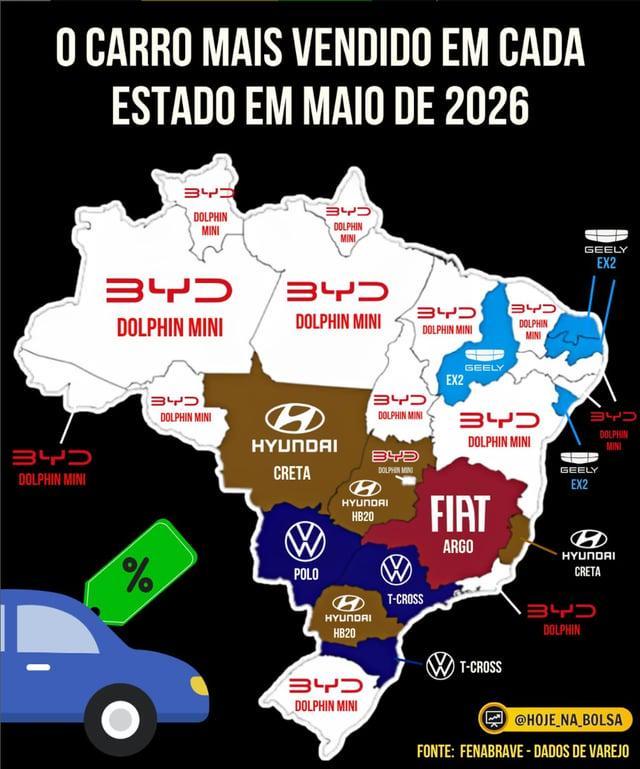 这是 2026 年 5 月巴西各州最畅销汽车的地图 