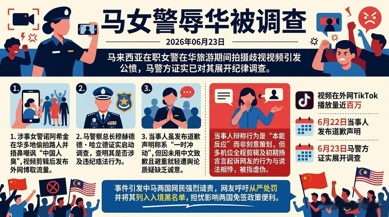马来西亚一名现役女警诺阿希金在华旅游期间拍摄视频掩鼻嘲讽“中国人不洗澡、很臭”，