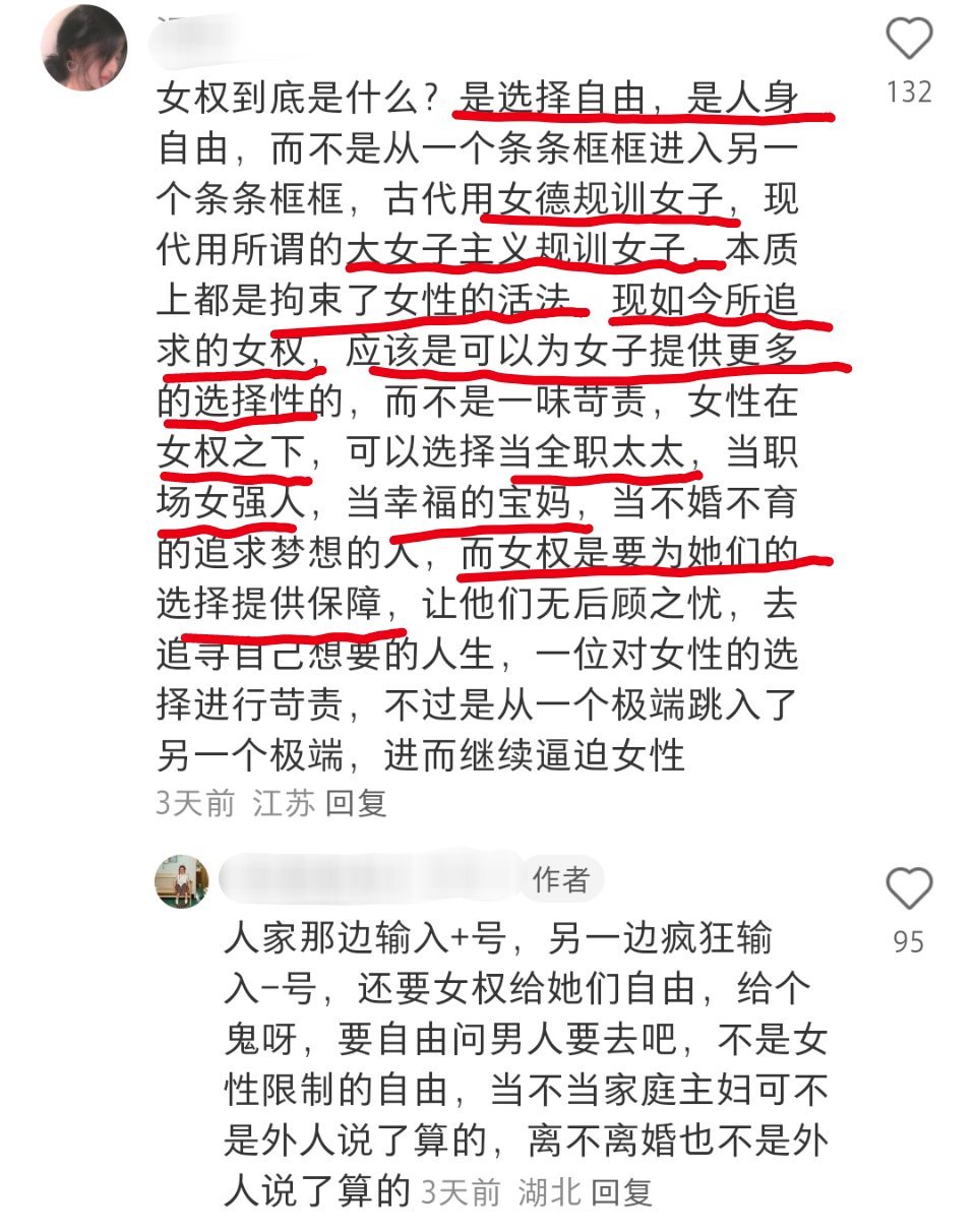 “你们女权必须把当家庭主妇，当嗲妻的自由归还给我们，并且为我们的选择提供保障！”