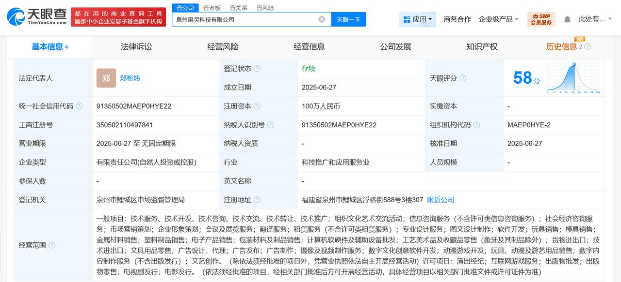 含动漫游戏开发业务等
天眼查App显示，近日，泉州果灵科技有限公司成立，法定代表