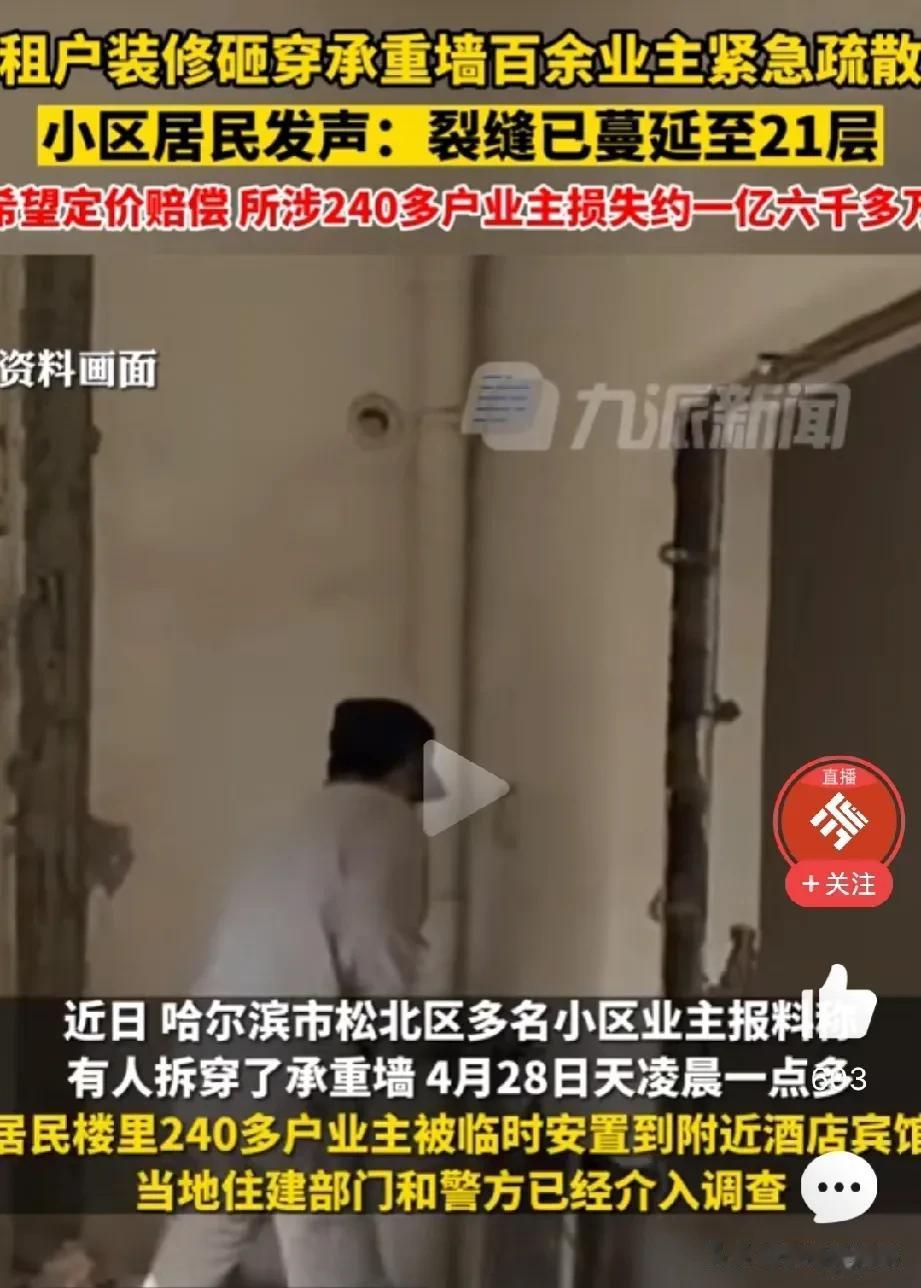  这不光是损失多少钱的问题了，装修时有意拆穿承重墙的做法属于违法行为？

顾名思