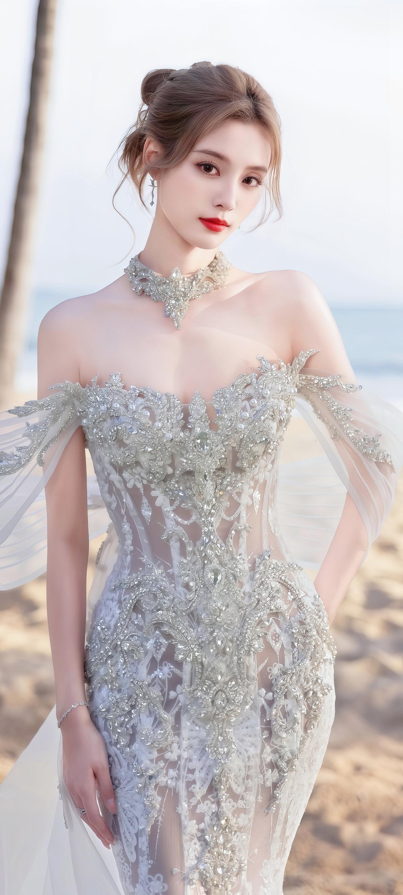 《鹧鸪天·鲛光》原创诗词 原创看图片配诗 
碎钻裁纱缀雪肩，薄绡轻曳海风前。
颈