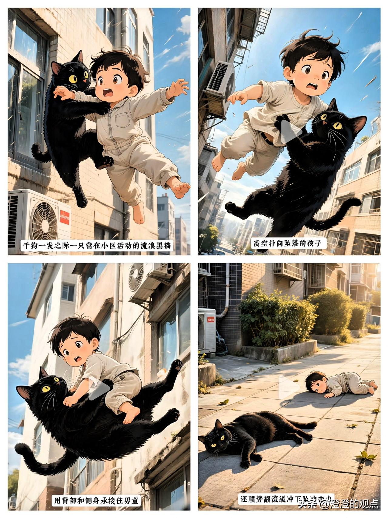 一“猫”救一命！杭州流浪黑猫弓背蹿起，救下三楼坠落的小男孩

三楼窗户没关严，小
