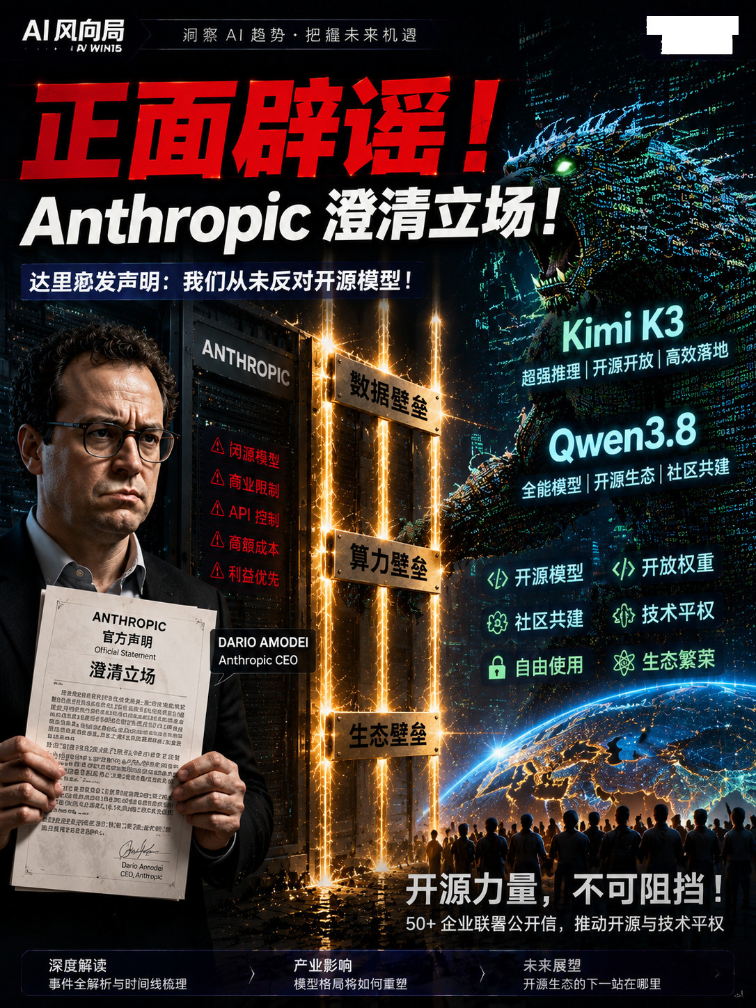 Anthropic回应AI开源公开信“Anthropic 从未主张禁止开放权重模