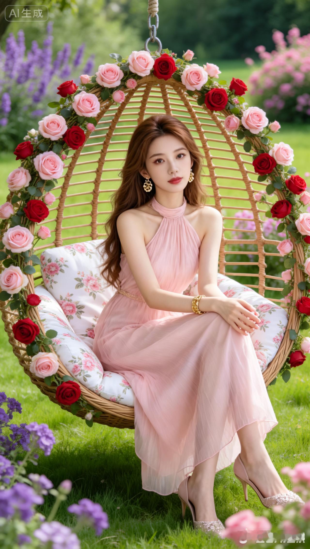 梦幻花园中的优雅少女，粉色裙摆随风飘逸。