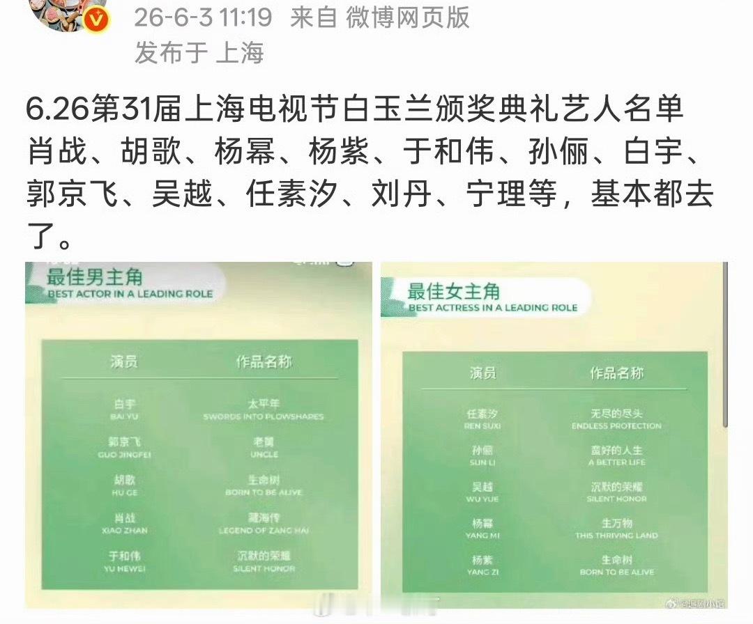 6.26第31届上海电视节白玉兰颁奖典礼艺人名单肖战、胡歌、杨幂、杨紫、于和伟、