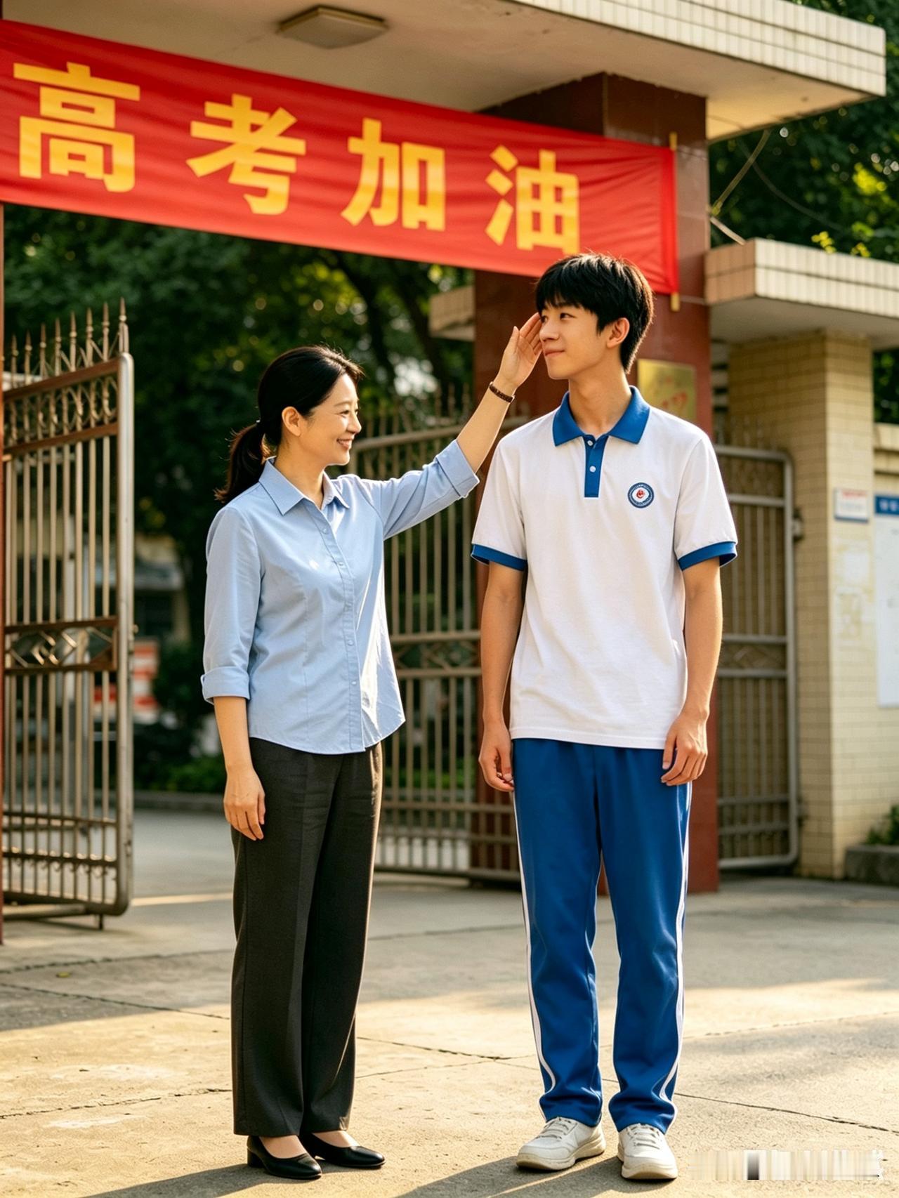 校门口站着孩子学校几个送考老师，不知道老师和他说些什么，就看一个老师像妈妈一样，