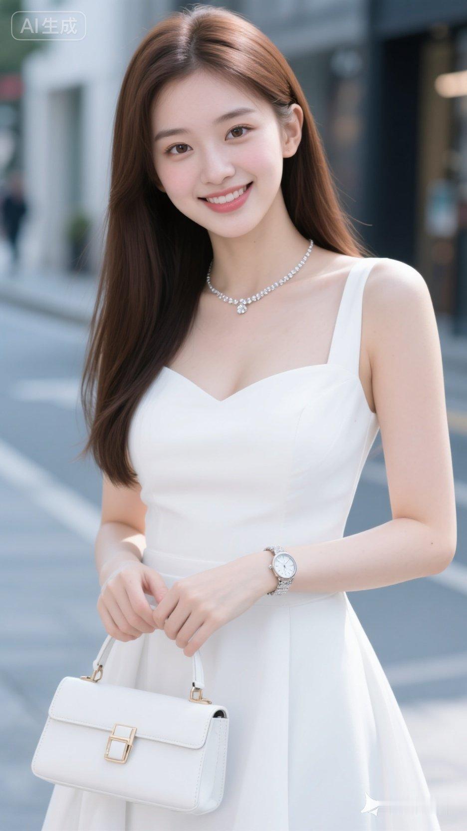 一位漂亮姑娘手拿包包微笑。