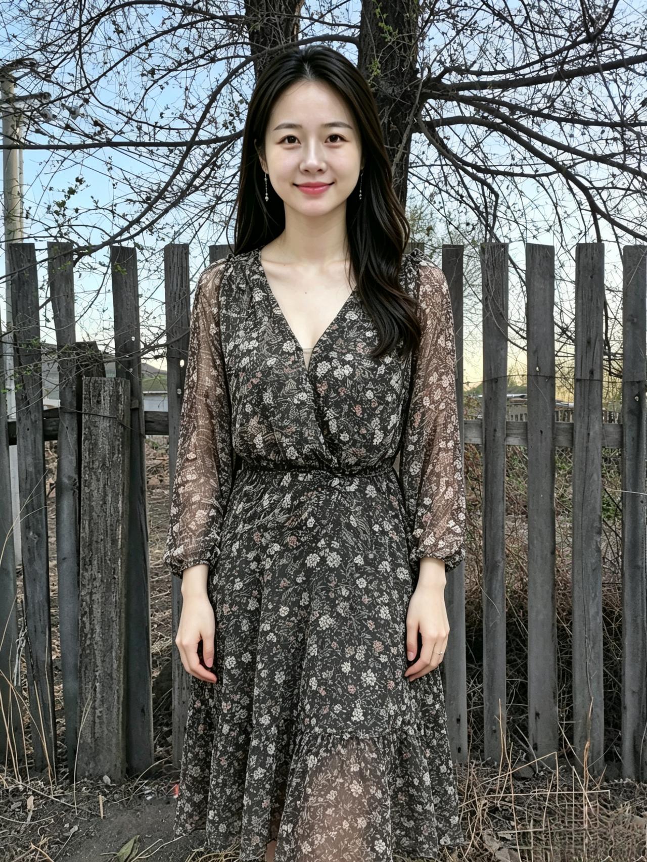 漫野春光落浅墙，伊人独立晚风凉。
碎花一袭温柔色，胜过人间百样芳。