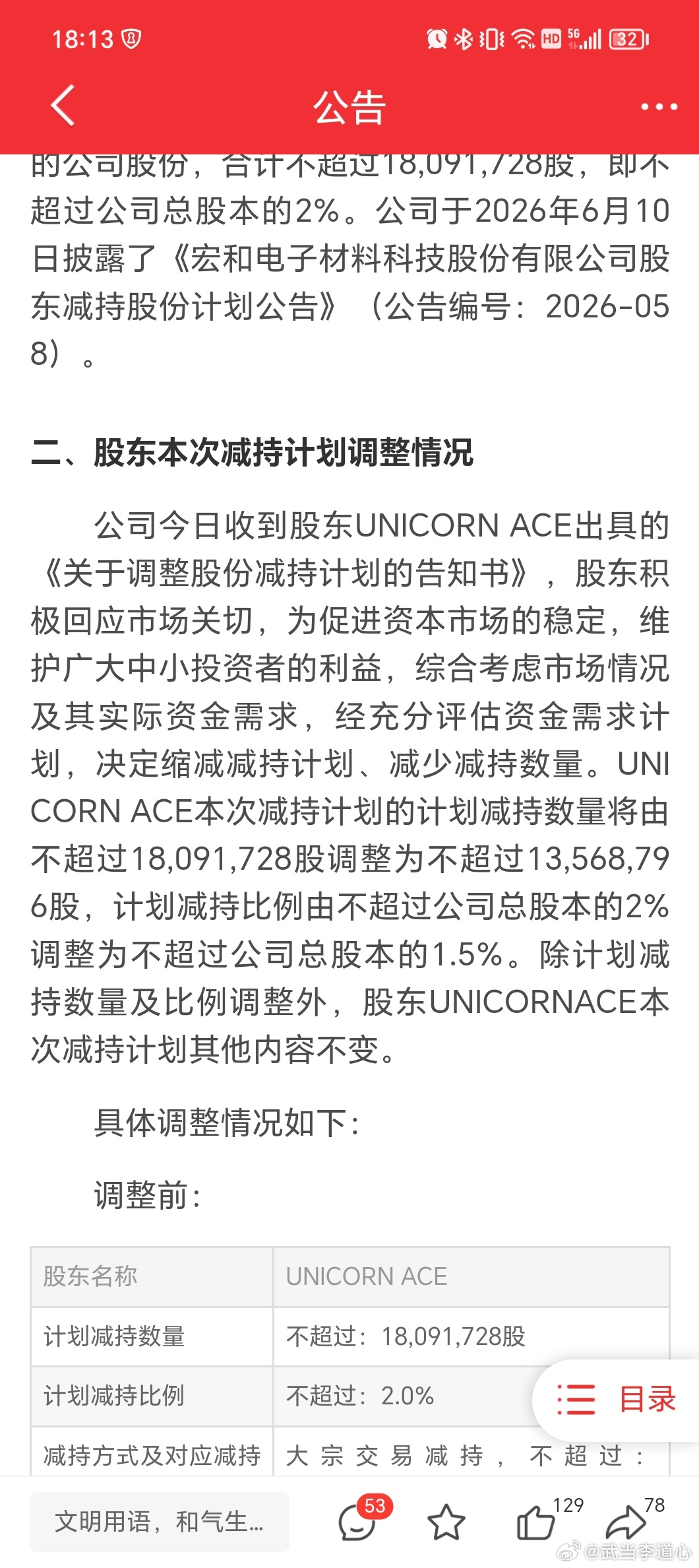 宏和科技发布公告，大股东决定少卖一点 