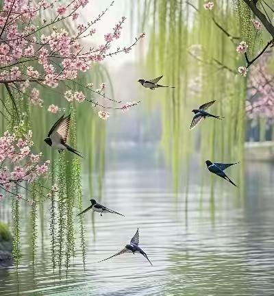 塞鸿秋·新柳
春刀剪出青丝络，
烟绡荡碎蓝桥索。
系住莺喉云畔落，
拴住离舟波心