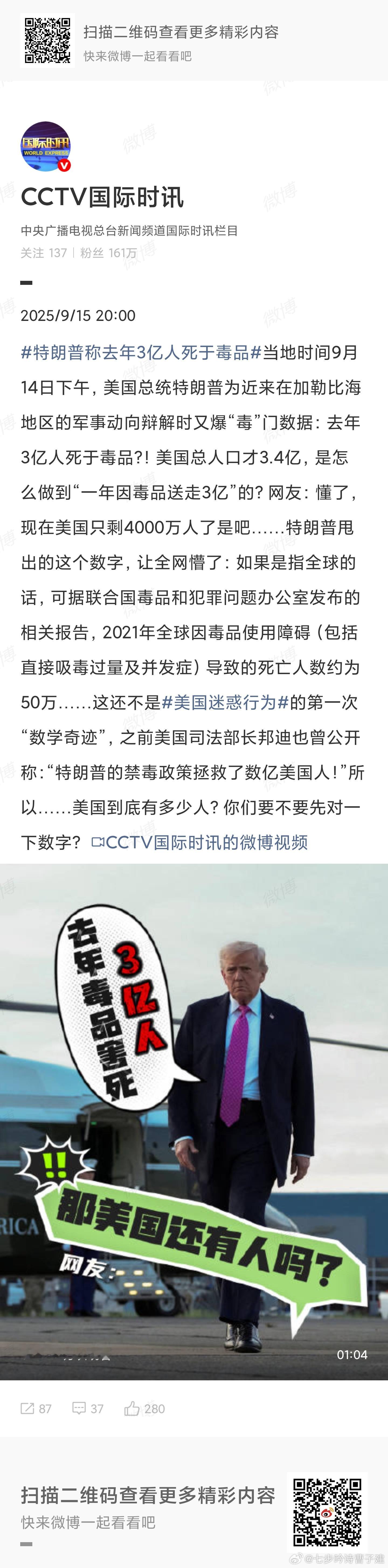 特朗普称去年3亿人死于毒品他是不是有点脑子不太好  ​​​