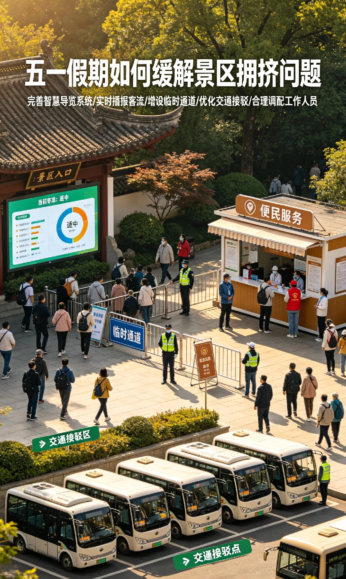 破解五一景区拥堵难题，不能只靠临时管控。完善智慧导览系统，实时播报客流情况，疏导