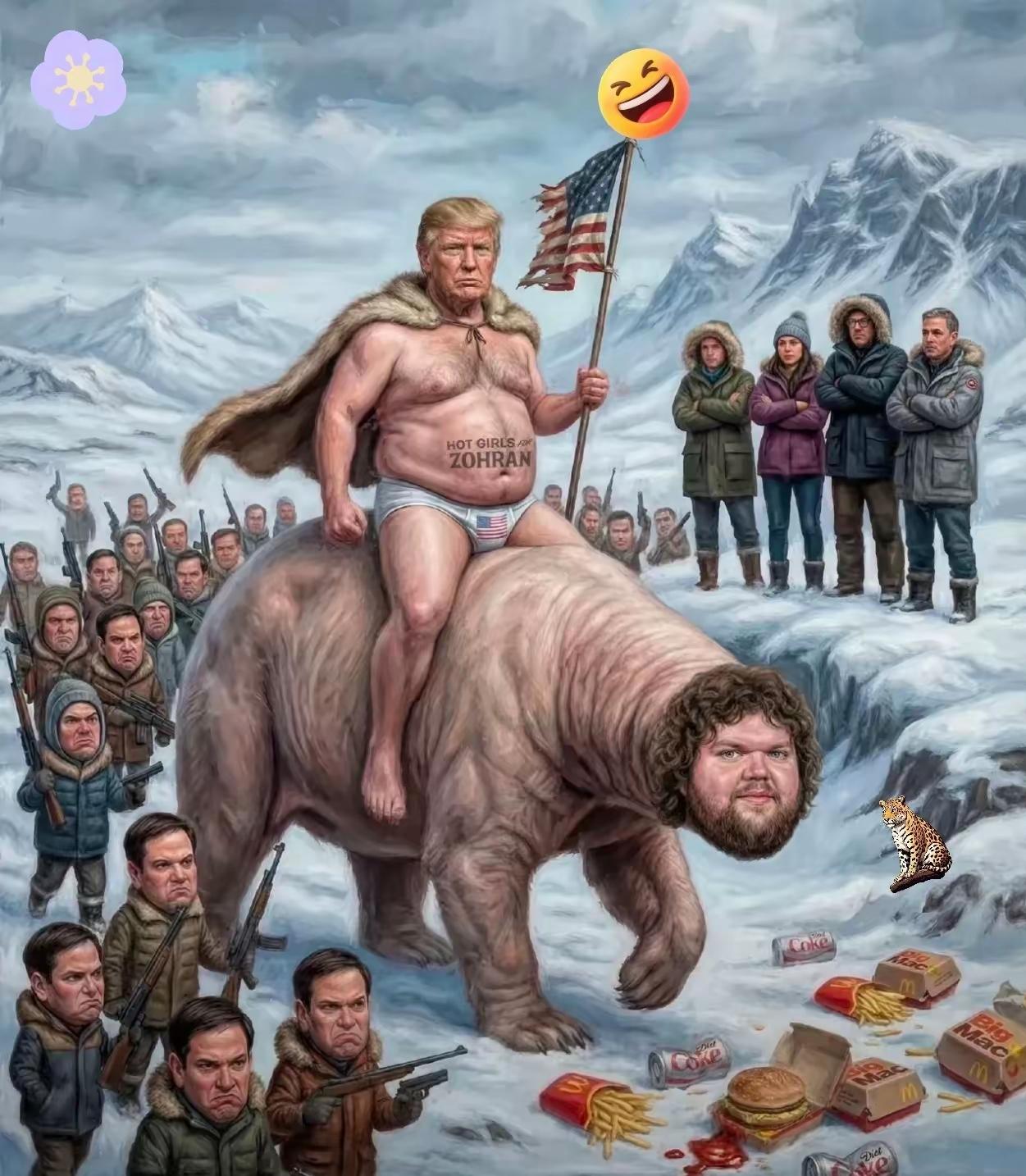 一幅漫画，把特朗普描绘的淋漓尽致。
特朗普骑着马，举着旗亲自挂帅去征服“格陵兰岛