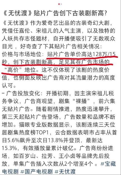 无忧渡贴片广告创古装剧新高无忧渡贴片广告单价在影视寒冬中，《无忧渡》用128万/