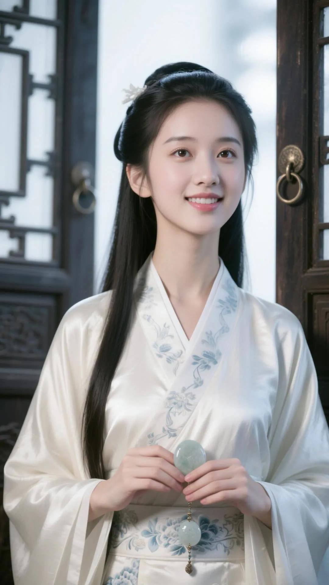 古风少女，手持玉佩，微笑如花。