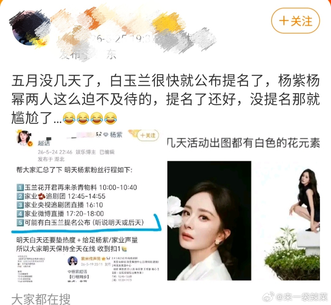白玉兰估计马上公布提名了，听说杨紫和杨幂最近疑似有点迫不及待，宣传+拿白花拍照什