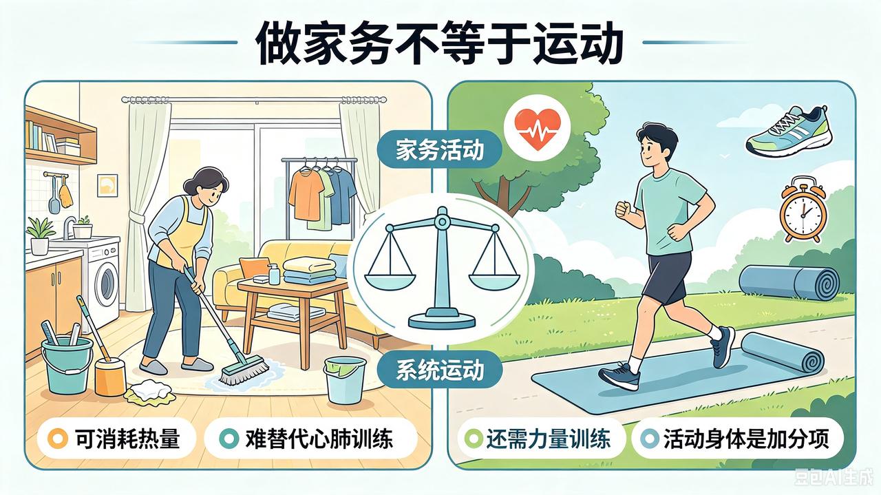 不少人认为，日常做家务来回走动、弯腰擦地，身体一直在活动，就不用额外运动。实际上