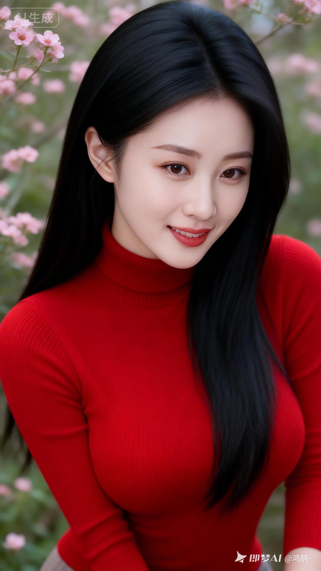 甜美红衣少女，花海中的温柔微笑！