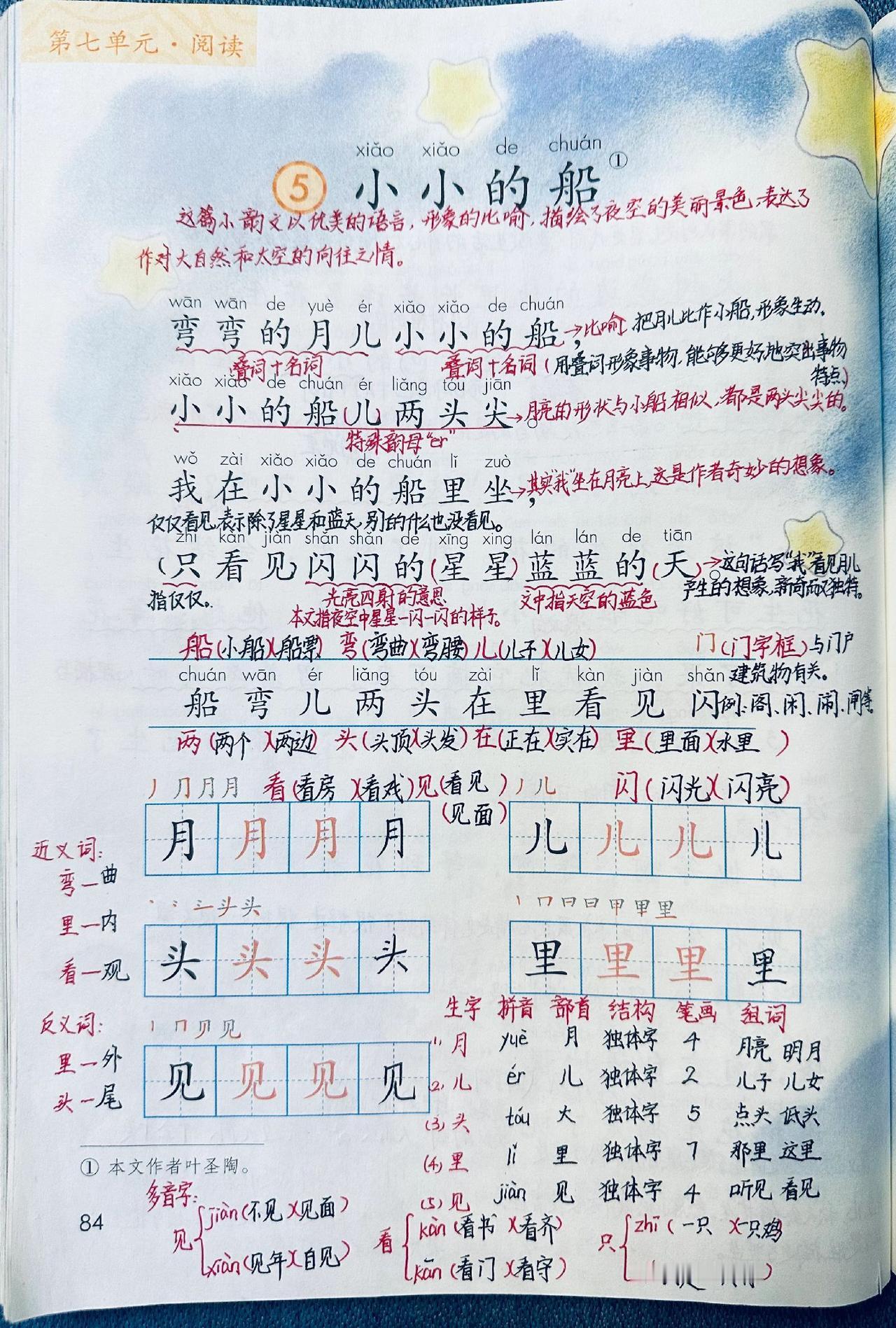 2024新教材一年级语文上册：第5课《小小的船》知识点整理、看图写话启蒙（全）