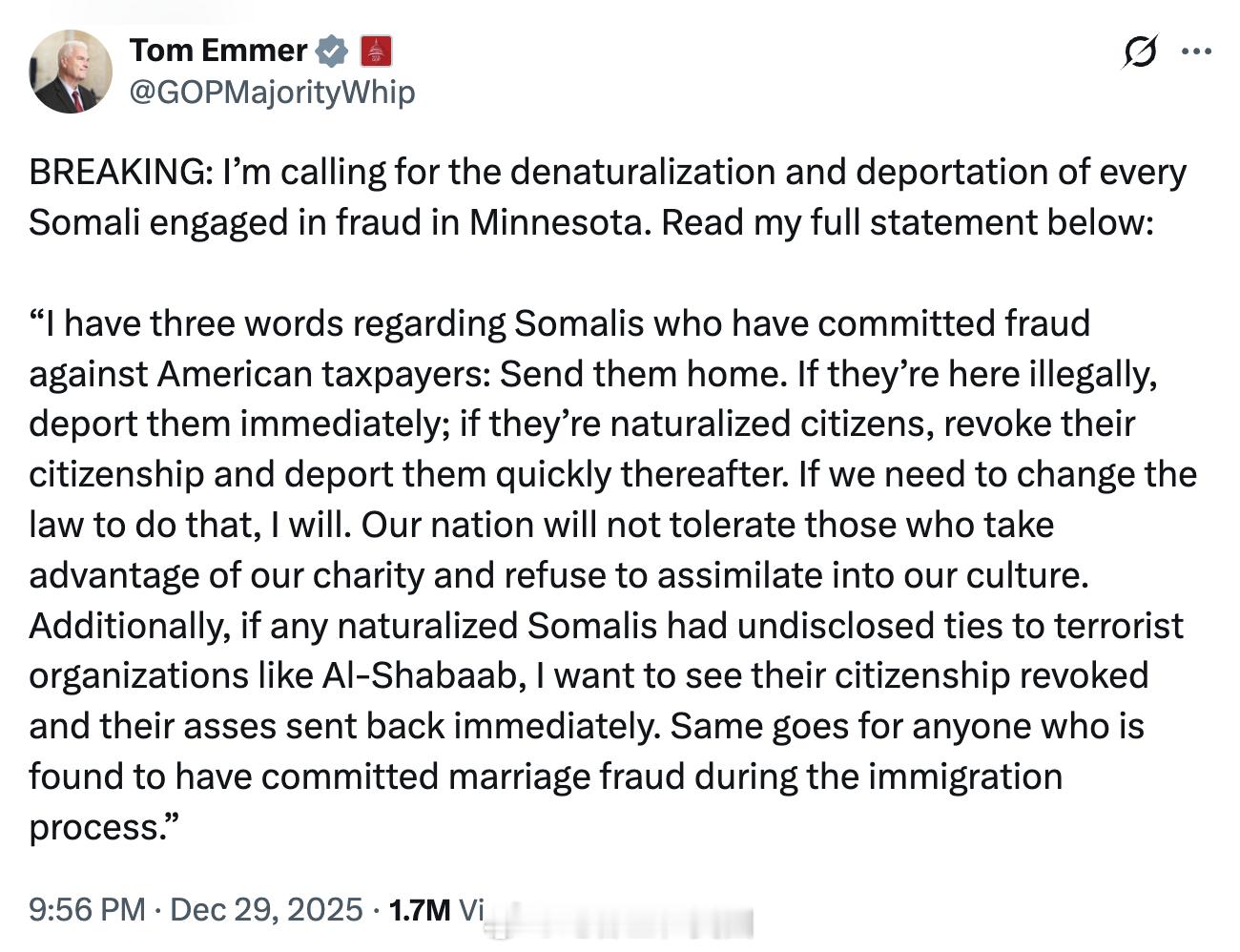 众议院多数党党鞭、威斯康星州共和党众议员Tom Emmer在明尼苏达州对欺诈行为