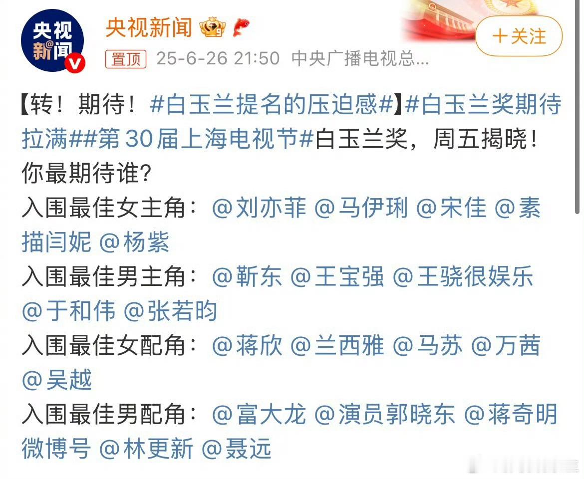 明天白玉兰就颁奖了，个人推荐[偷乐]女主：宋佳男主：于和伟男配：蒋奇明女配：蒋欣