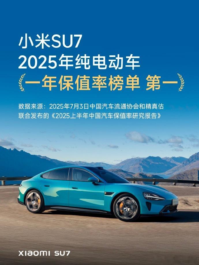 恭喜小米SU7拿下《2025上半年中国汽车保值率研究报告》保值率第一车型！保值率