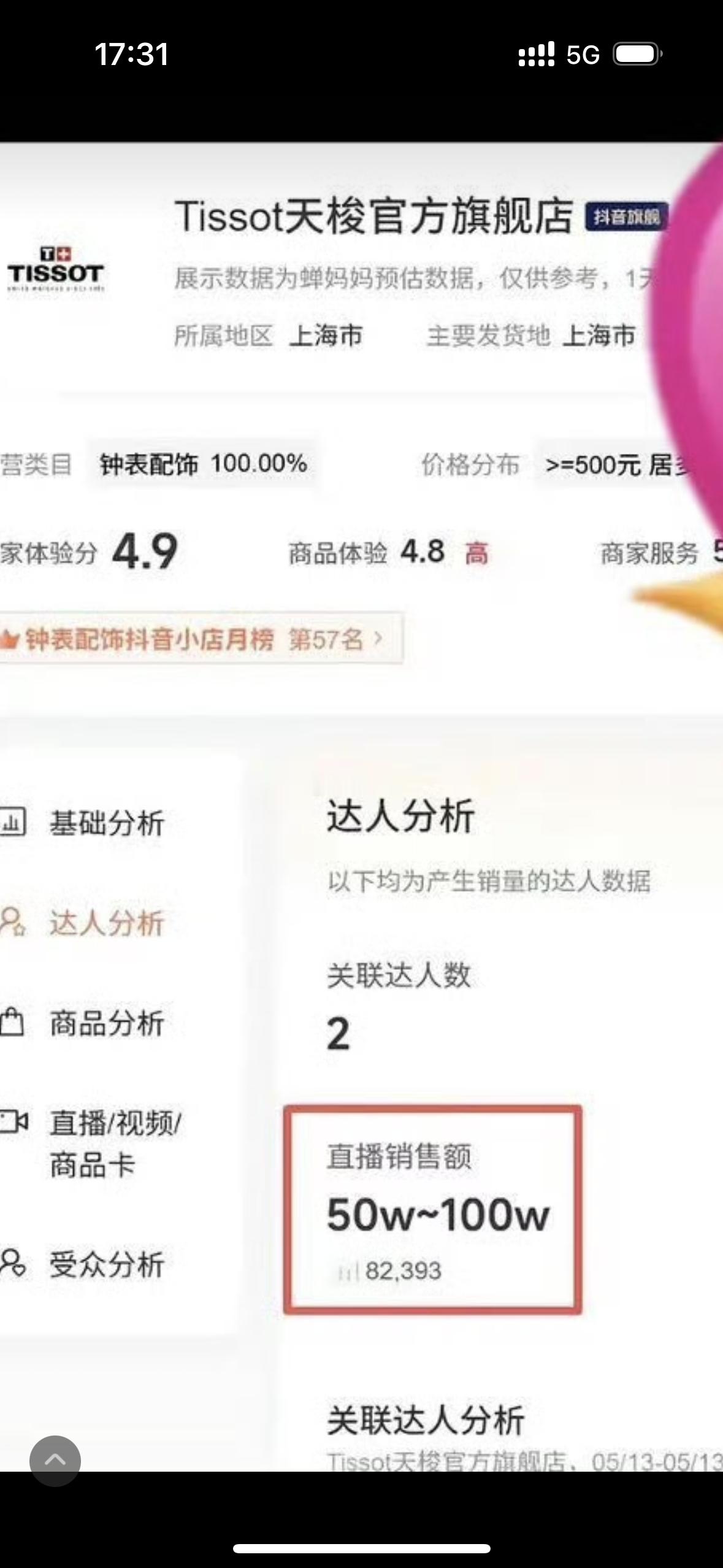 虞书欣天梭直播成绩，包括主播自己下的好几单，一共销售额50-100w 