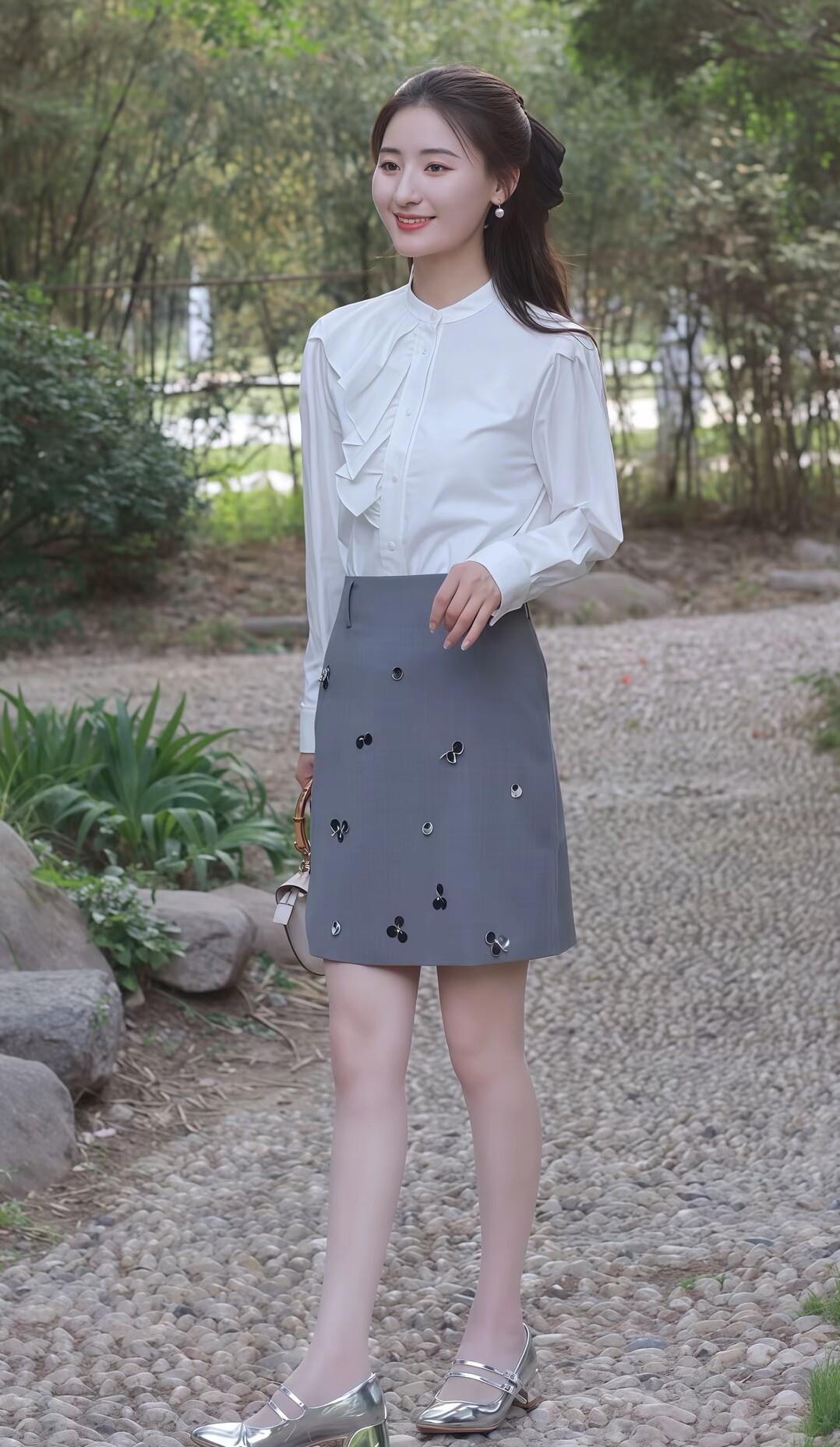 优雅白衬衫搭配时尚灰色短裙，尽显都市女性魅力！👗✨