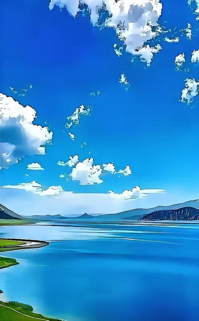 天净沙·湖畔春光
长空万里晴川，
远山含黛如烟，
波光春色潋滟。
湖光如练，
蔚