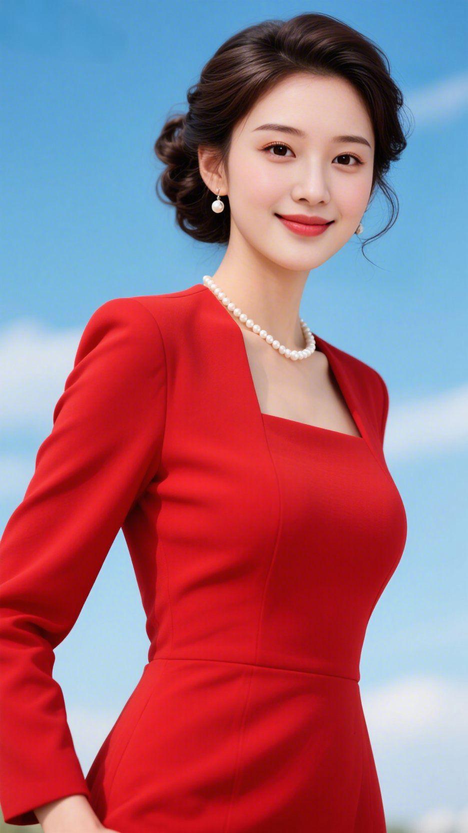 红裙映光，静享安然
 
蓝天澄澈，云影轻悠，温柔的天光洒落人间。她静立于此，一袭